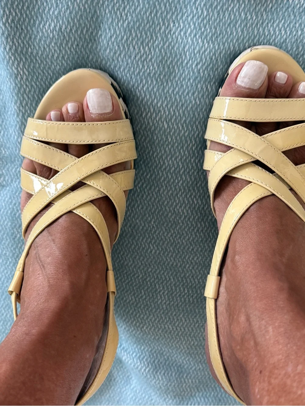 Cole Haan. Strappy Yellow Wedge Sandals with Black-and-White Woven Platform